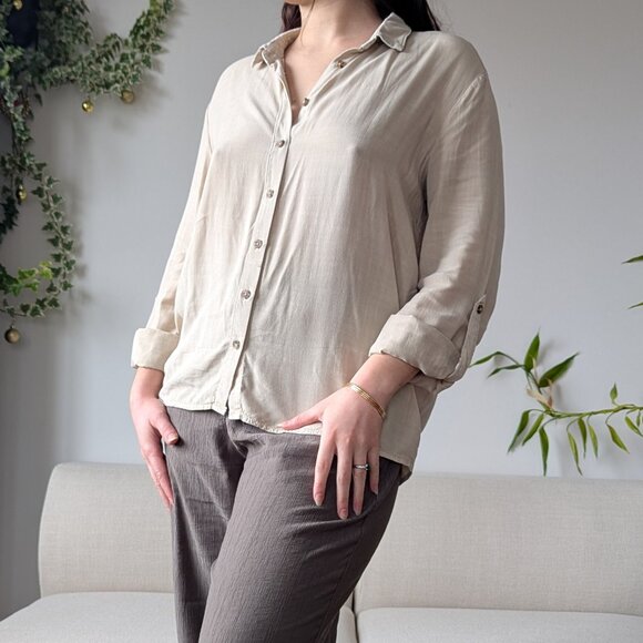 Stradivarius, Linen-like Oatmeal-beige Roll-up Sleeve Blouse, Size L - Picture 1 of 13